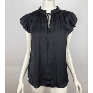 CURRENT AIR Margot Blouse Top Women M NWT Pleated Short Sleeve Ruffle Neck Black